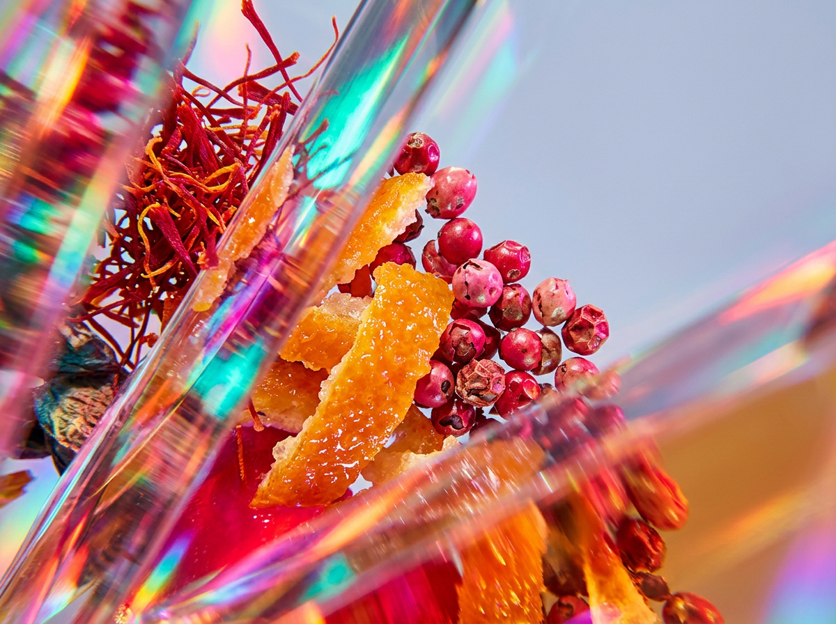 Close up of artisanal perfume ingredients and rich winter textiles
