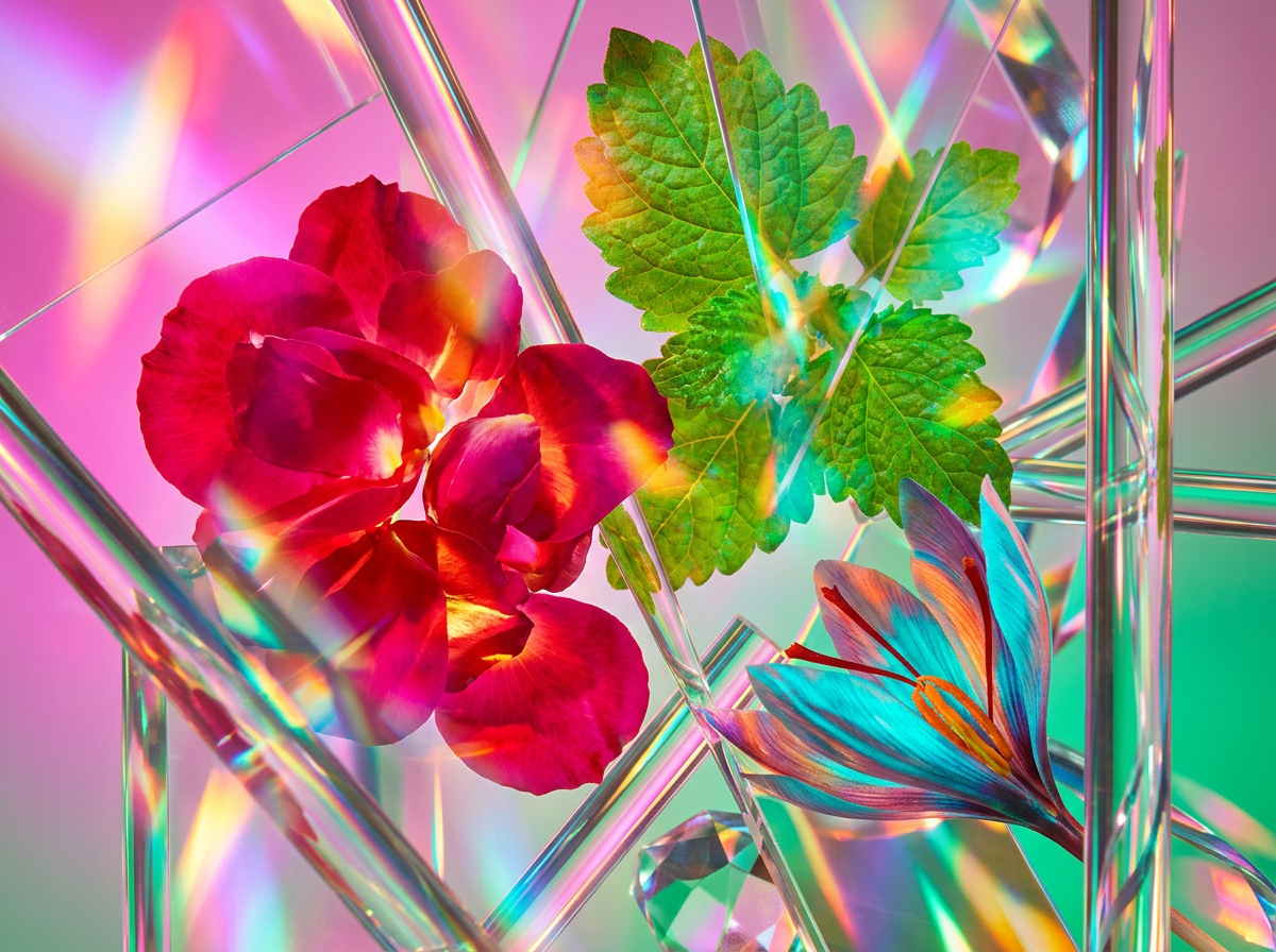 A serene garden scene with dewy leaves and transparent water elements