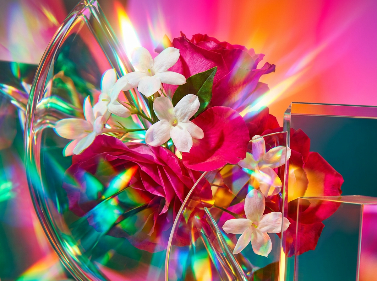 Fragrance bottles on a dark, reflective surface with hints of amber and spice
