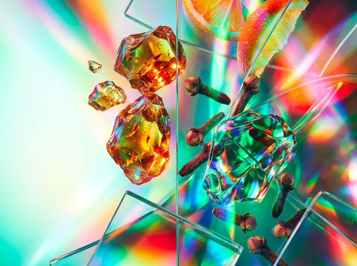 An artistic shot of citrus fruits and woods representing modern fragrance notes