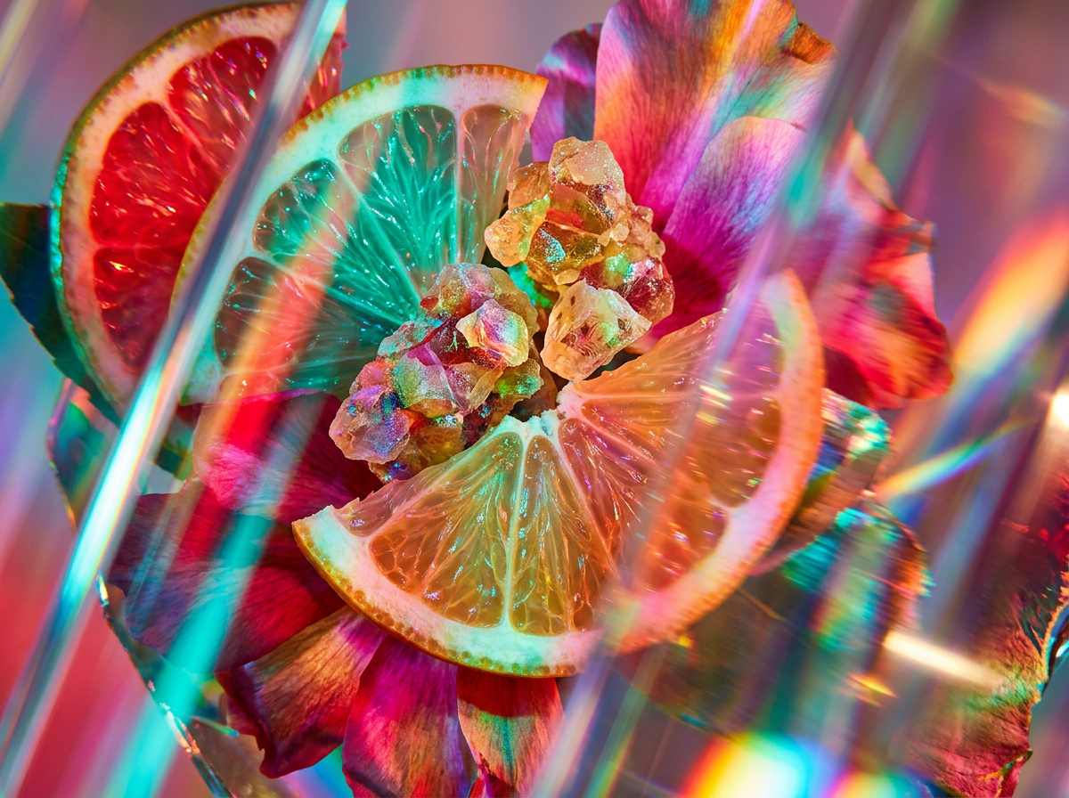 Close up of plum and white chocolate fragrance notes