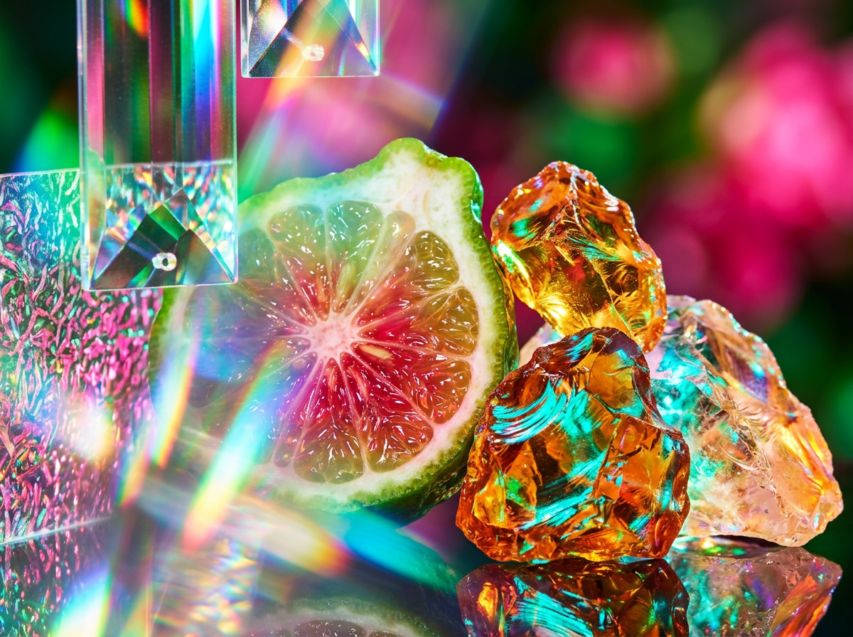 An elegant perfume bottle sitting in a sunlit window overlooking a city skyline