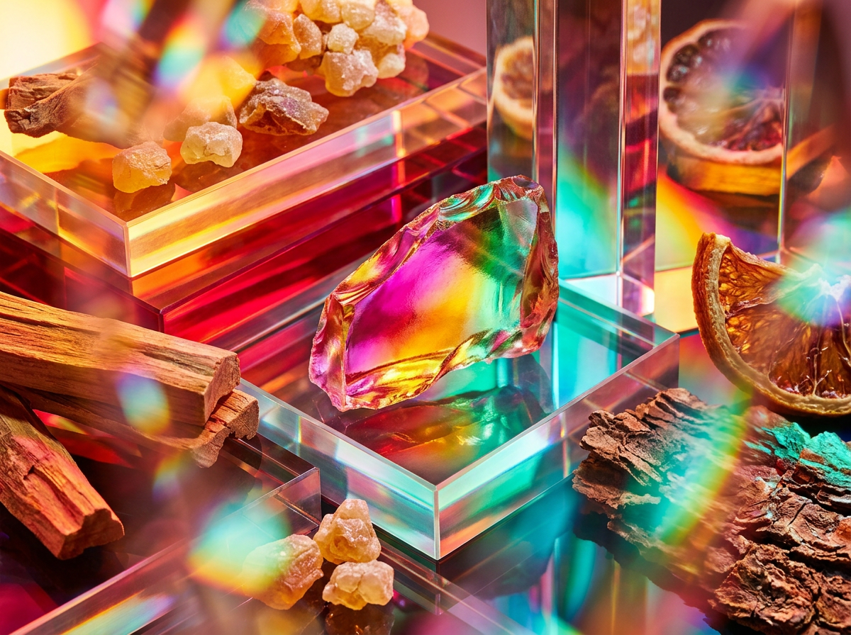 Close up of artisanal fragrance ingredients like sandalwood and dark fruit