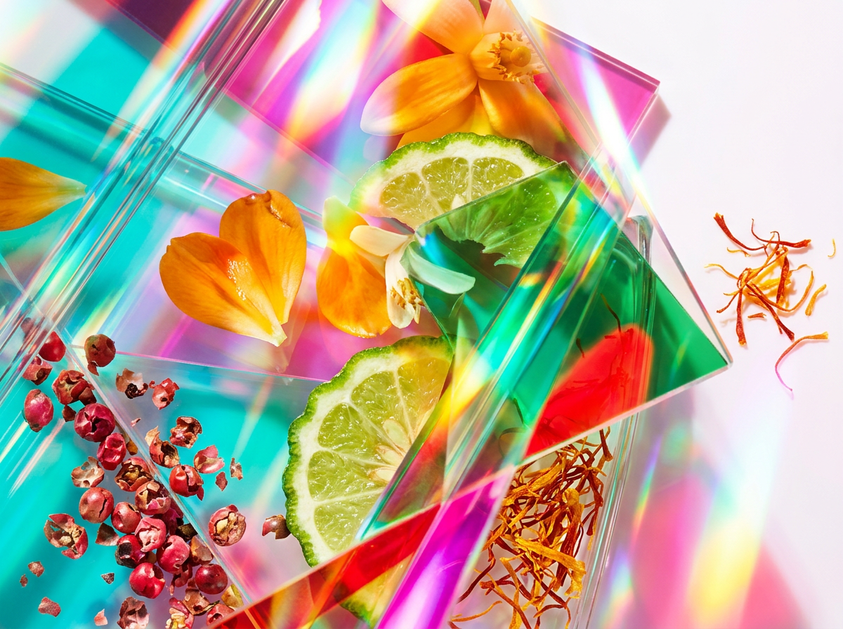 Close up of artisanal fragrance bottles in a romantic atmosphere