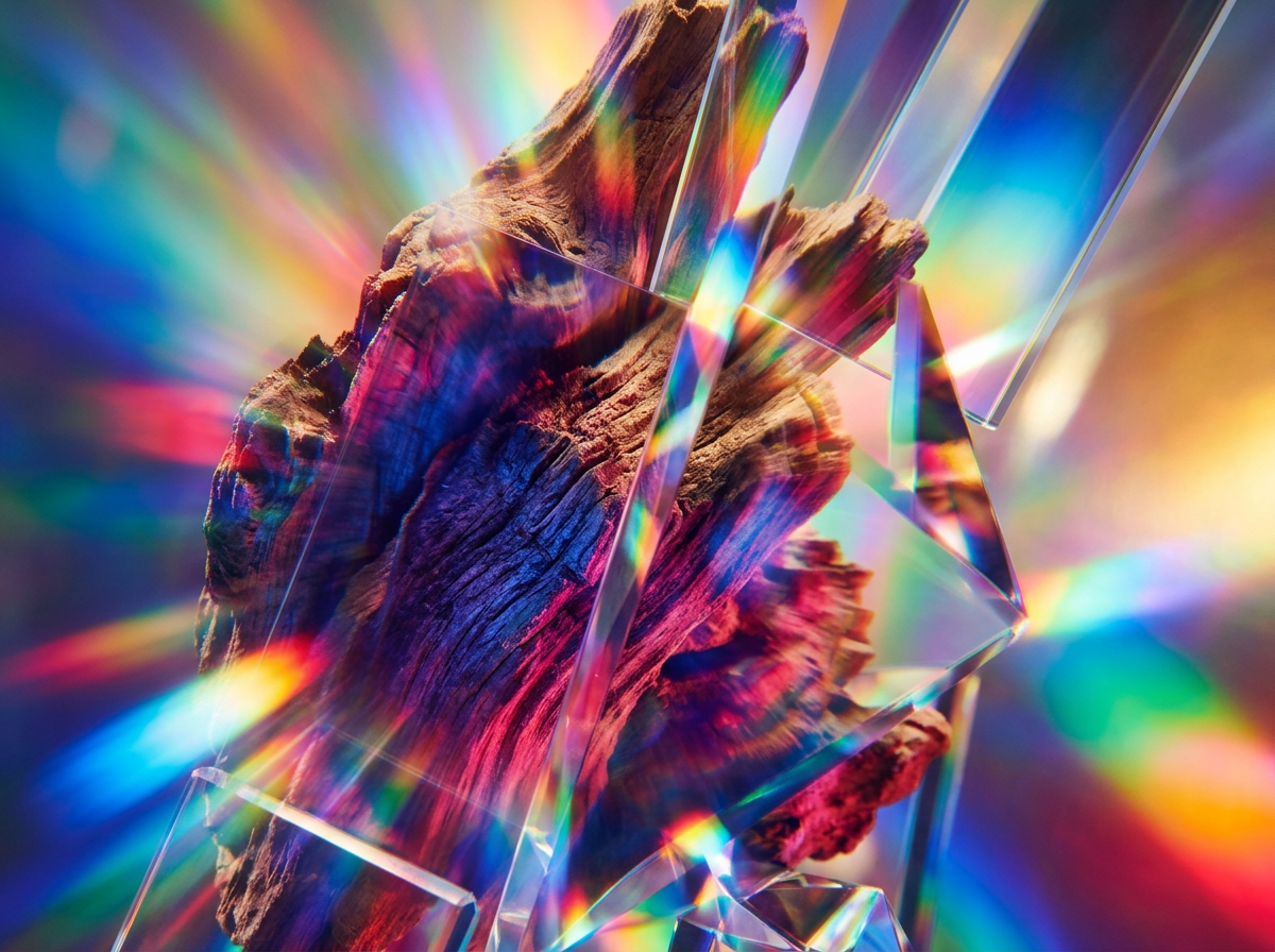 Natural ingredients including plum and blueberries alongside fragrance bottles