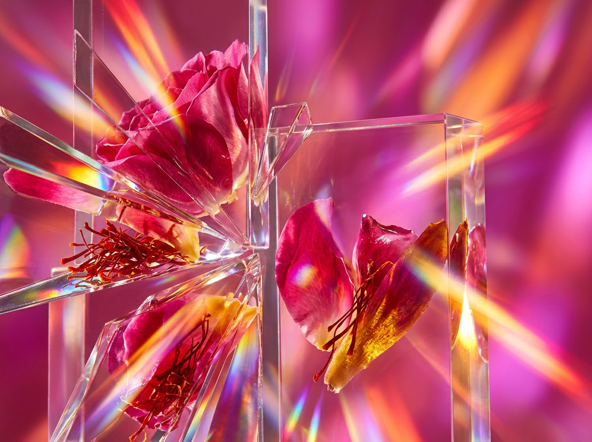 Artisanal perfume glass bottle with coffee and floral elements