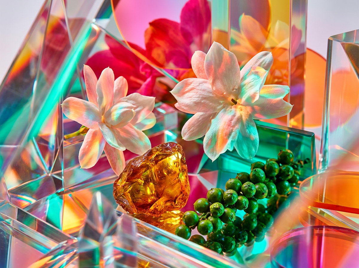 Close up of artisanal fragrance notes and a luxury perfume bottle