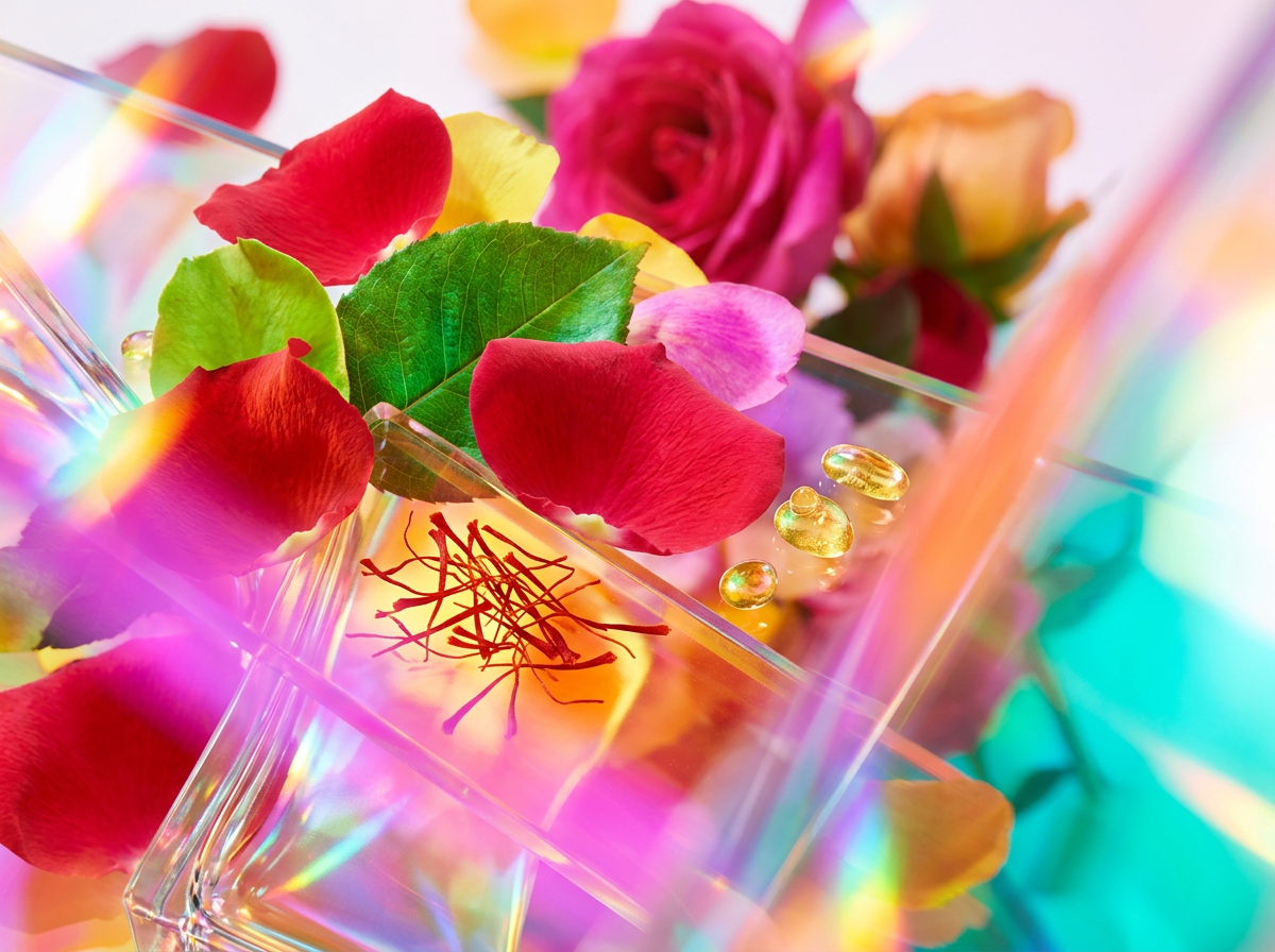 Close up of fragrance ingredients including pomegranate and amber resins