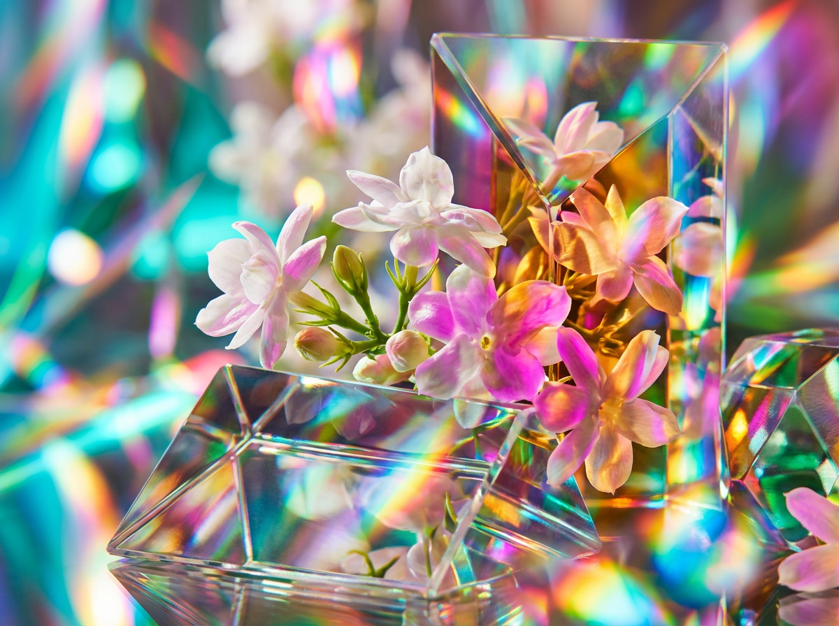 Close up of artisanal fragrance bottles and botanical ingredients