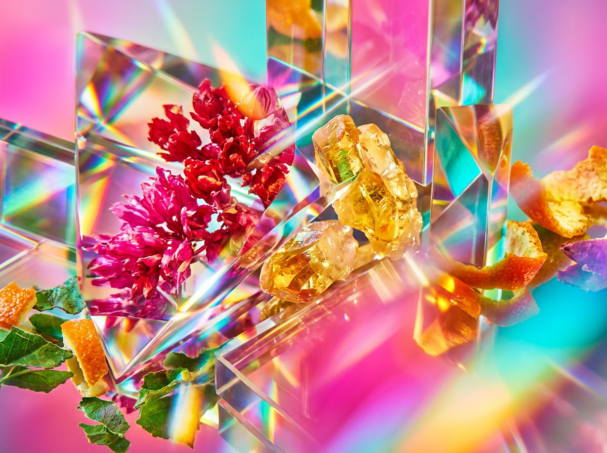 Artisanal fragrance ingredients including amber and dark fruits