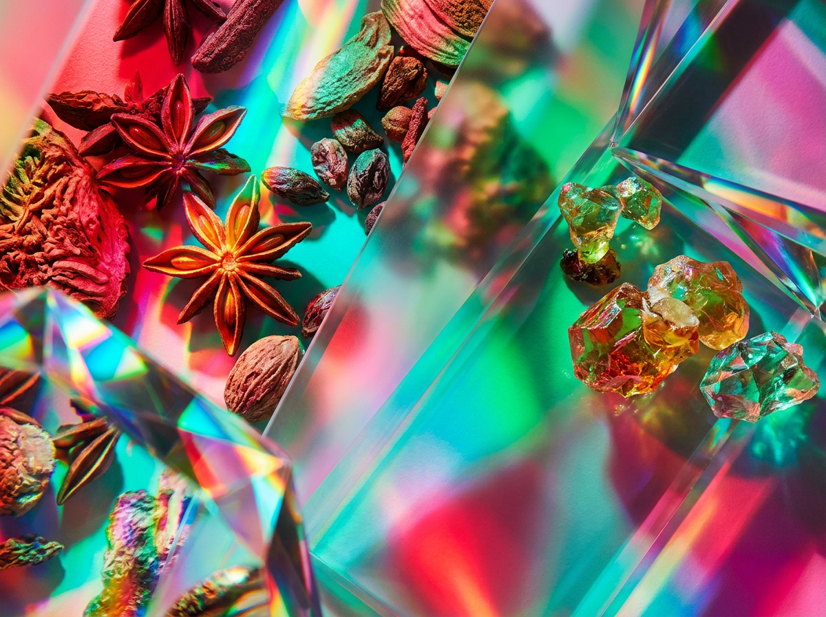 Transparent glass bottles and soft natural light reflecting the purity of musk