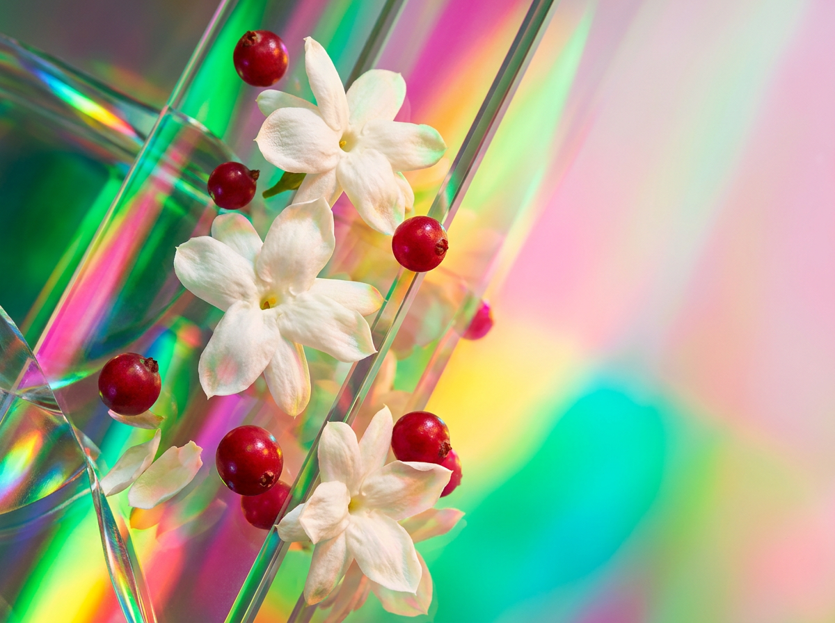 Close up of botanical fragrance ingredients like citrus fruits and sandalwood