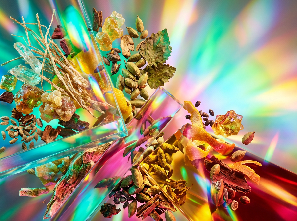 The vibrant ingredients of Rhubarb Sandalwood against a botanical background
