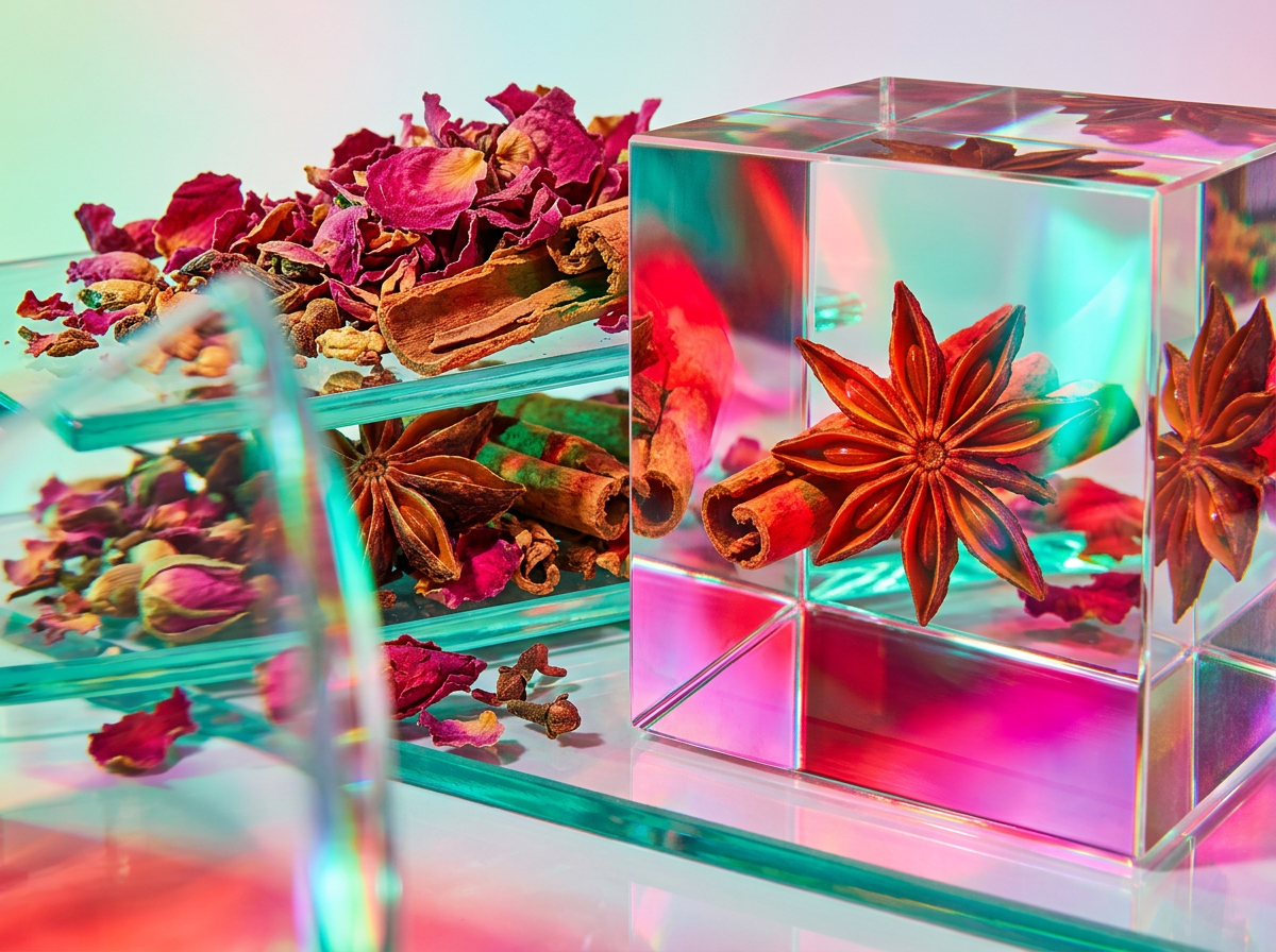 Close up of luxury perfume ingredients including dark berries and white chocolate shards
