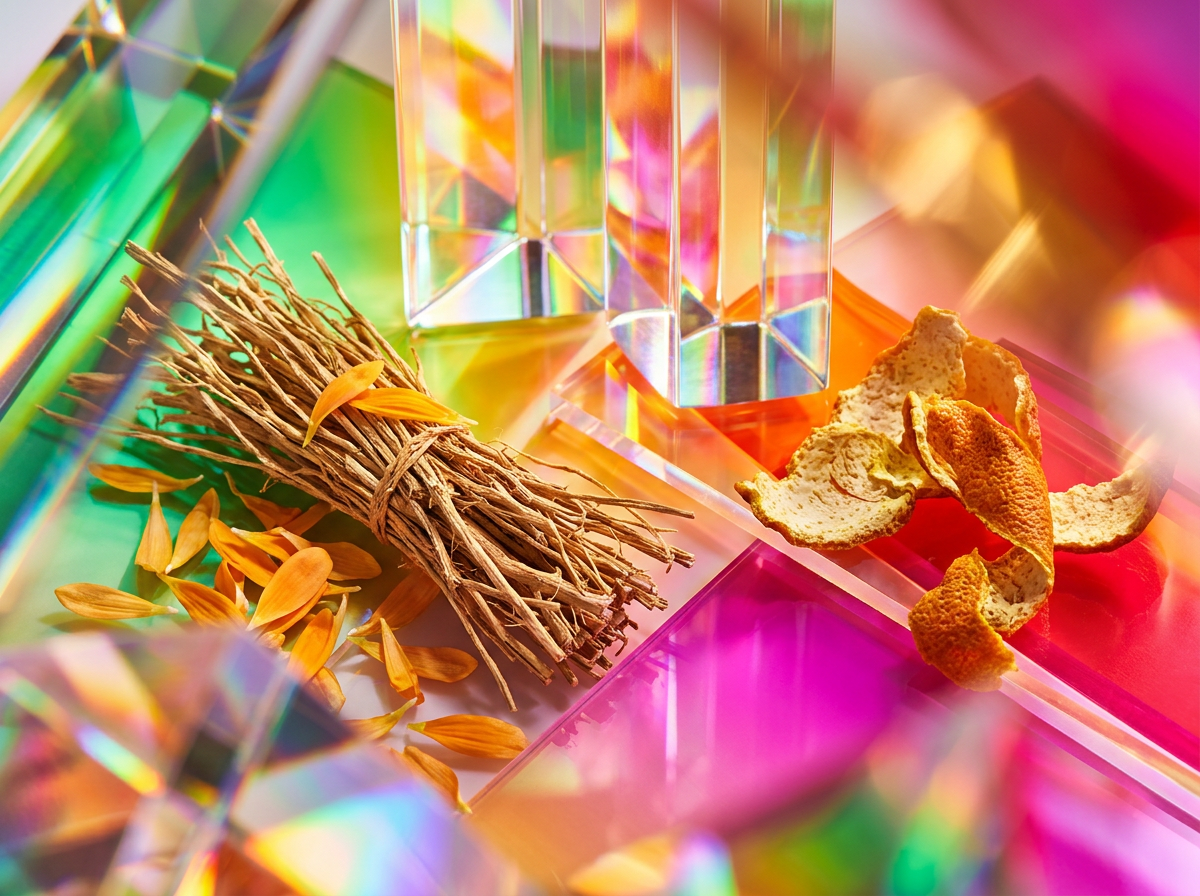 A flat lay of fruit and woody perfume ingredients representing a gourmand scent profile