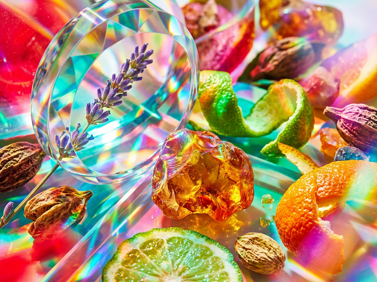 Cassis berries and professional perfume bottles