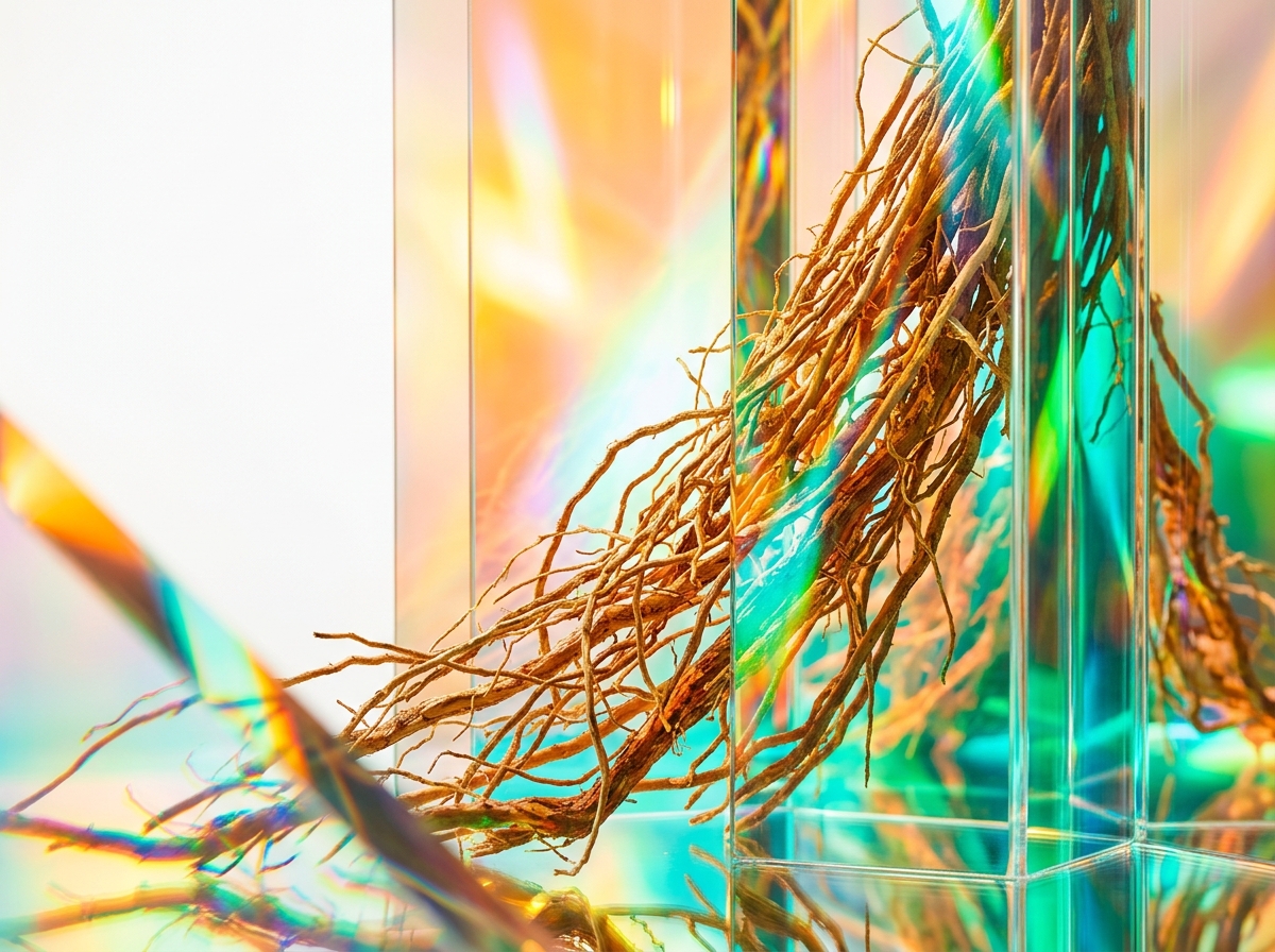 Artisanal fragrance bottle surrounded by botanical elements