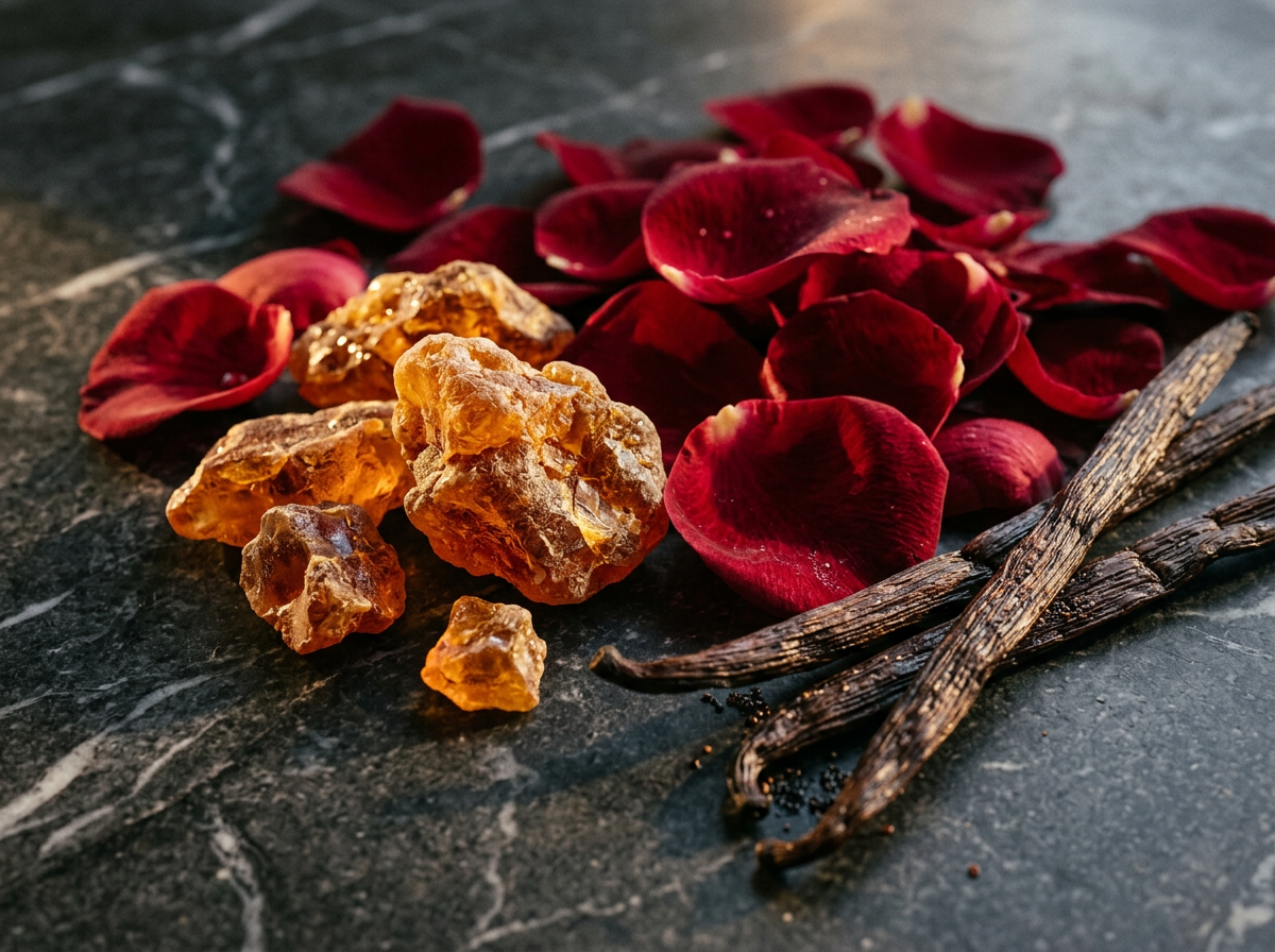 Close up of botanical fragrance ingredients and sketches