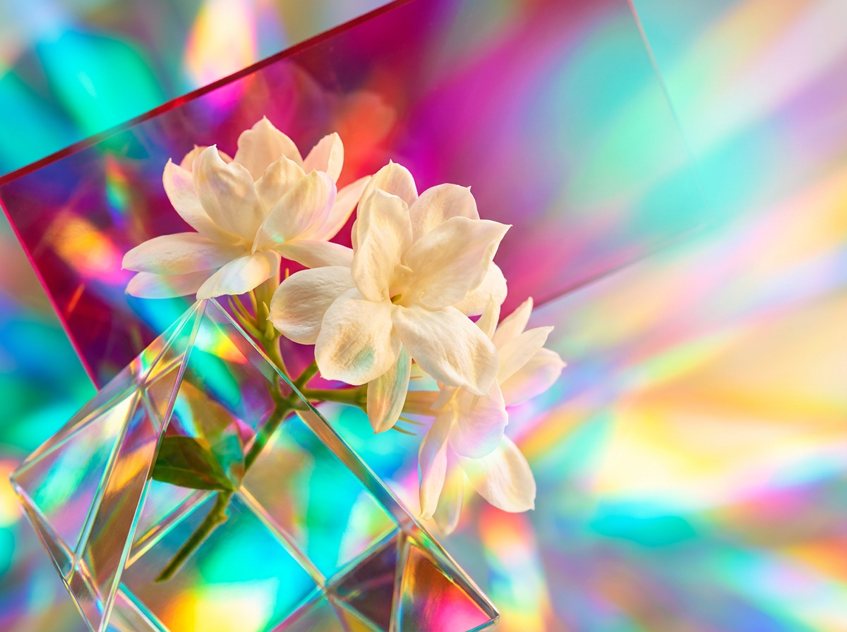Detailed shot of spring blossoms and artisanal fragrance bottles