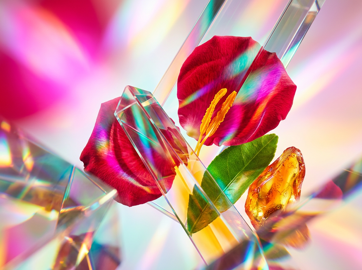 Close up of a luxury perfume bottle next to fresh summer fruits
