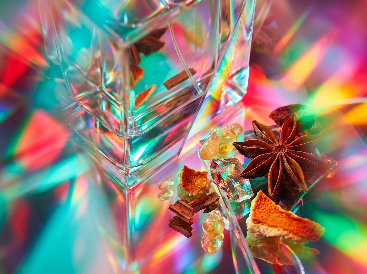 Close up of botanical berries and sandalwood representing scent notes