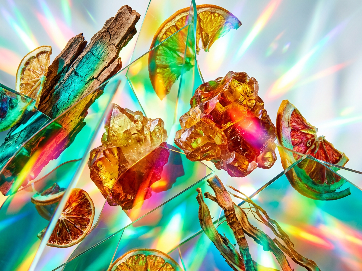 Bottles of Shay and Blue perfume amongst autumnal leaves and fruits