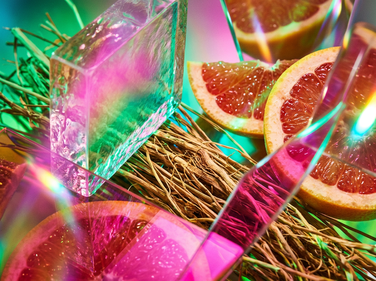 Close up of botanical fragrance ingredients like rose petals and citrus fruits