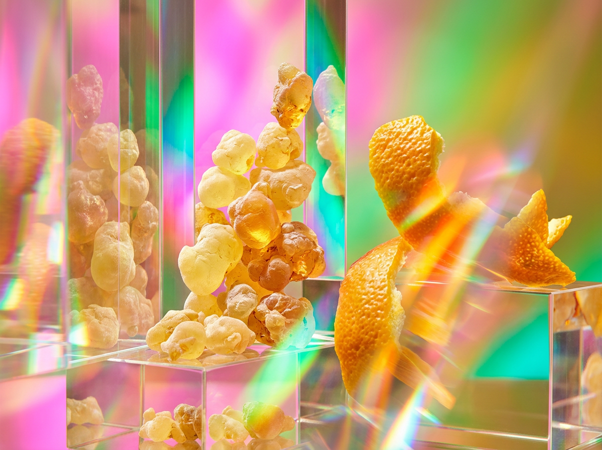 Bottles of Shay & Blue fragrance held against a backdrop of fresh citrus fruit