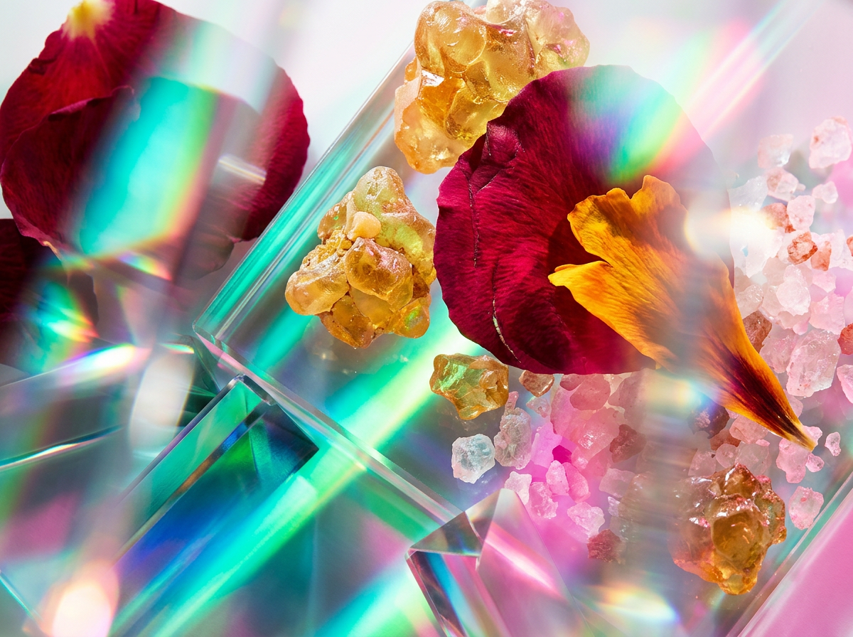 Close up of artisanal perfume bottles with woody ingredients like bark and spices