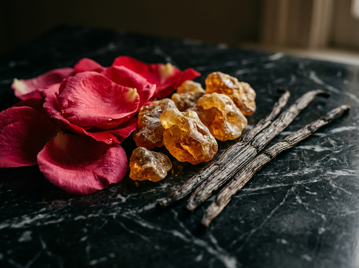 Fragrance bottles displayed elegantly with natural botanical elements