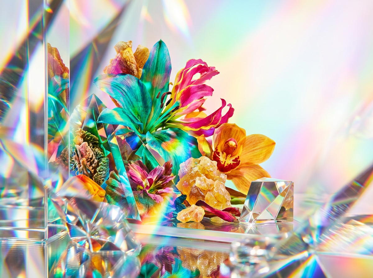 Glass perfume bottles reflecting sunlight