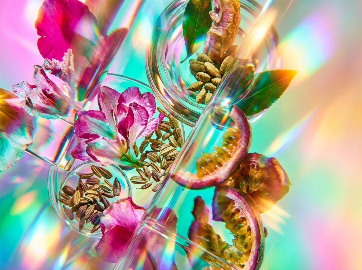 An artisanal fragrance laboratory setting with spring ingredients