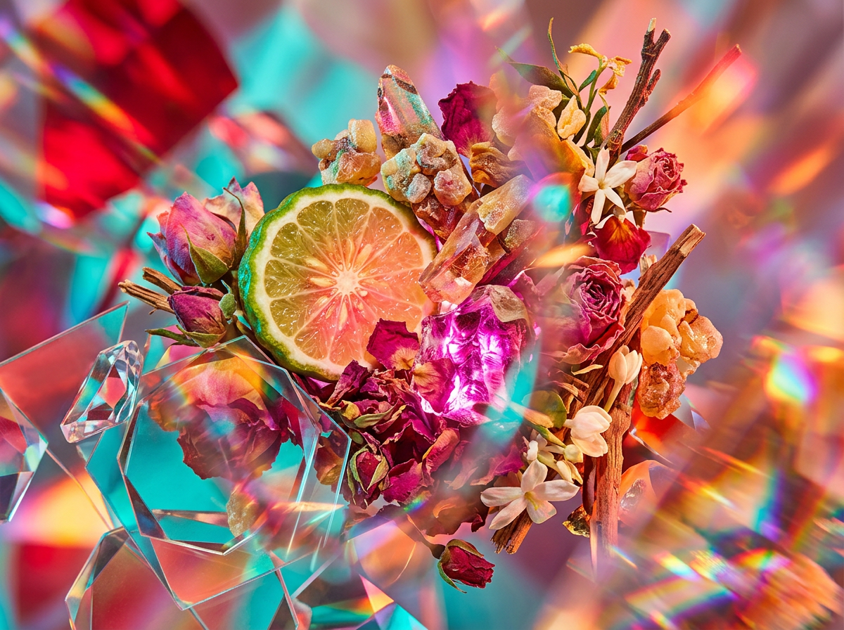 Raindrops on a window with perfume bottles in the background