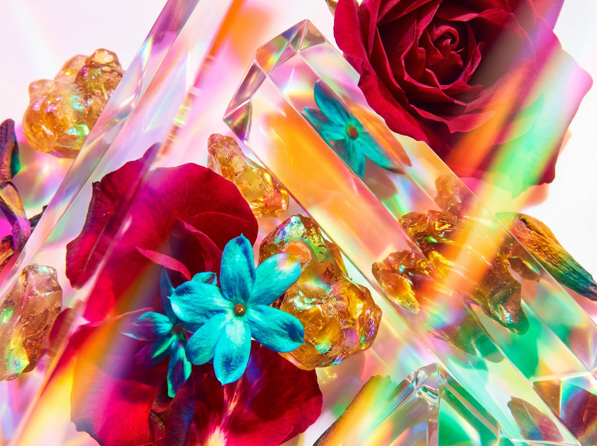 Close up of artisanal perfume bottles with tropical ingredients like pomegranate and citrus