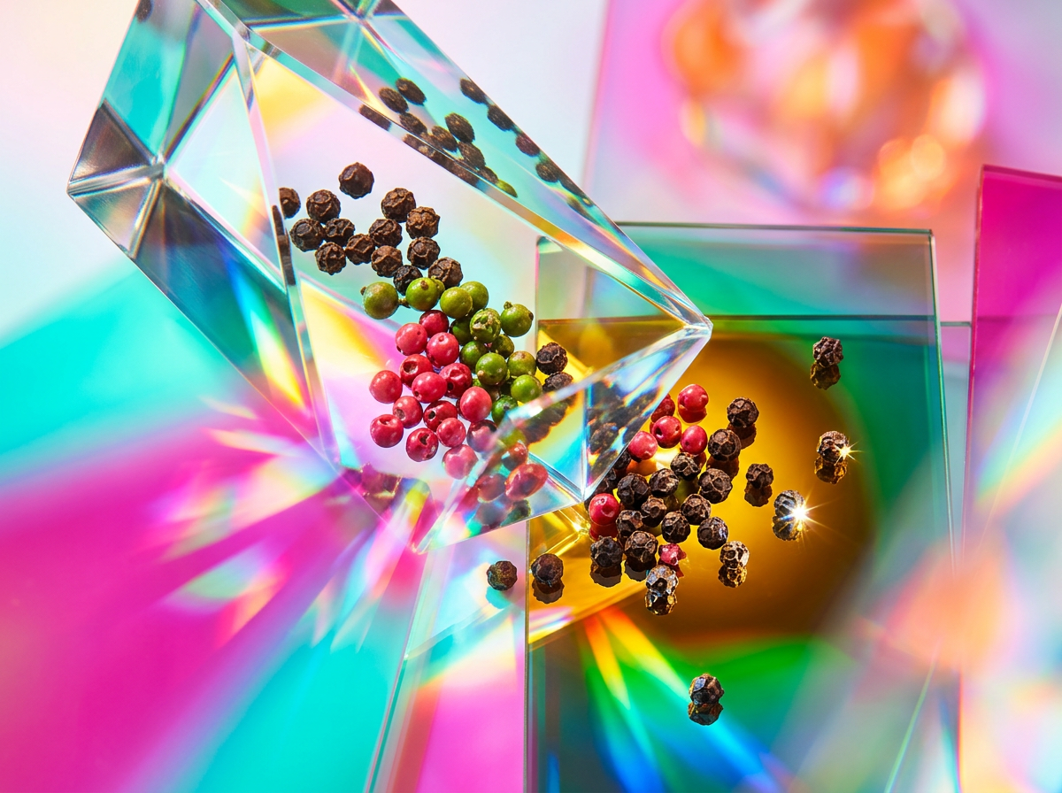 Close up of a glass perfume bottle amidst winter botanical elements