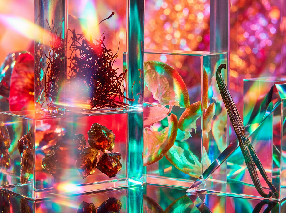 Modern perfume bottles showcasing a mix of botanical and mineral elements