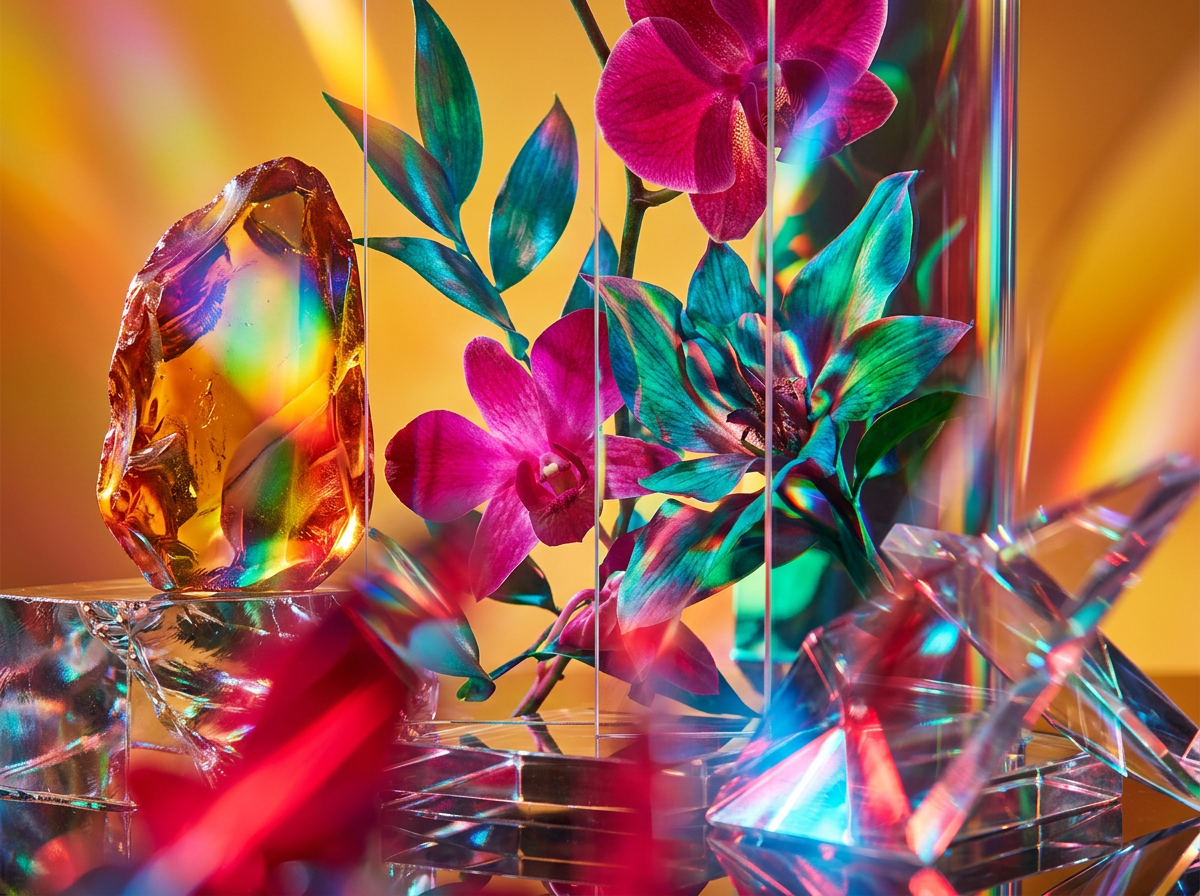 Close up of dew drops on a rose petal and a sliced pear, representing dewy freshness