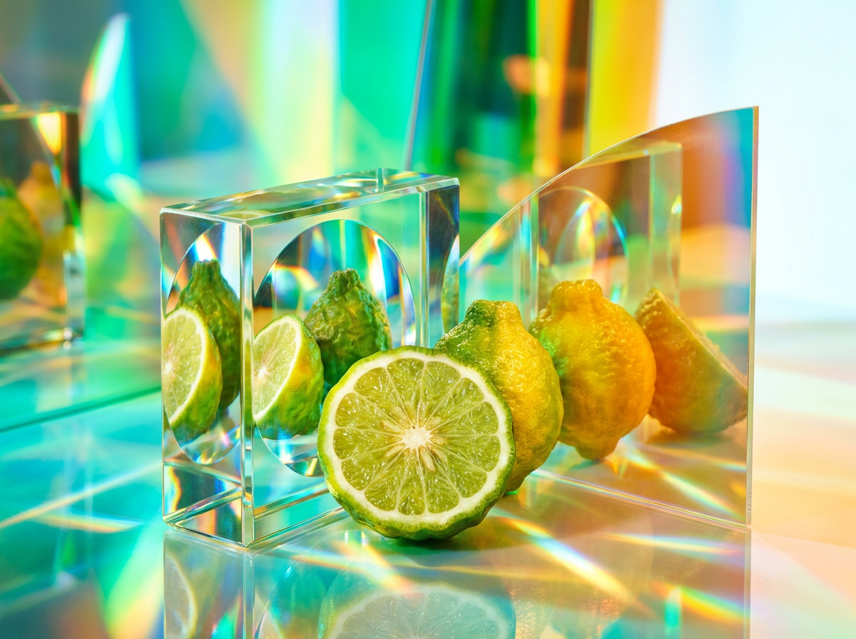 A moody, dimly lit lounge with a bottle of dark perfume on a wooden table