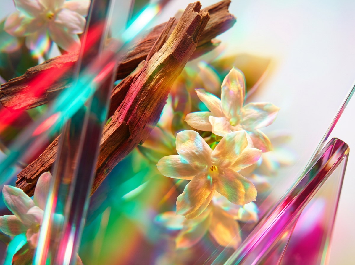 An artisanal fragrance laboratory with fresh ingredients like oranges and florals