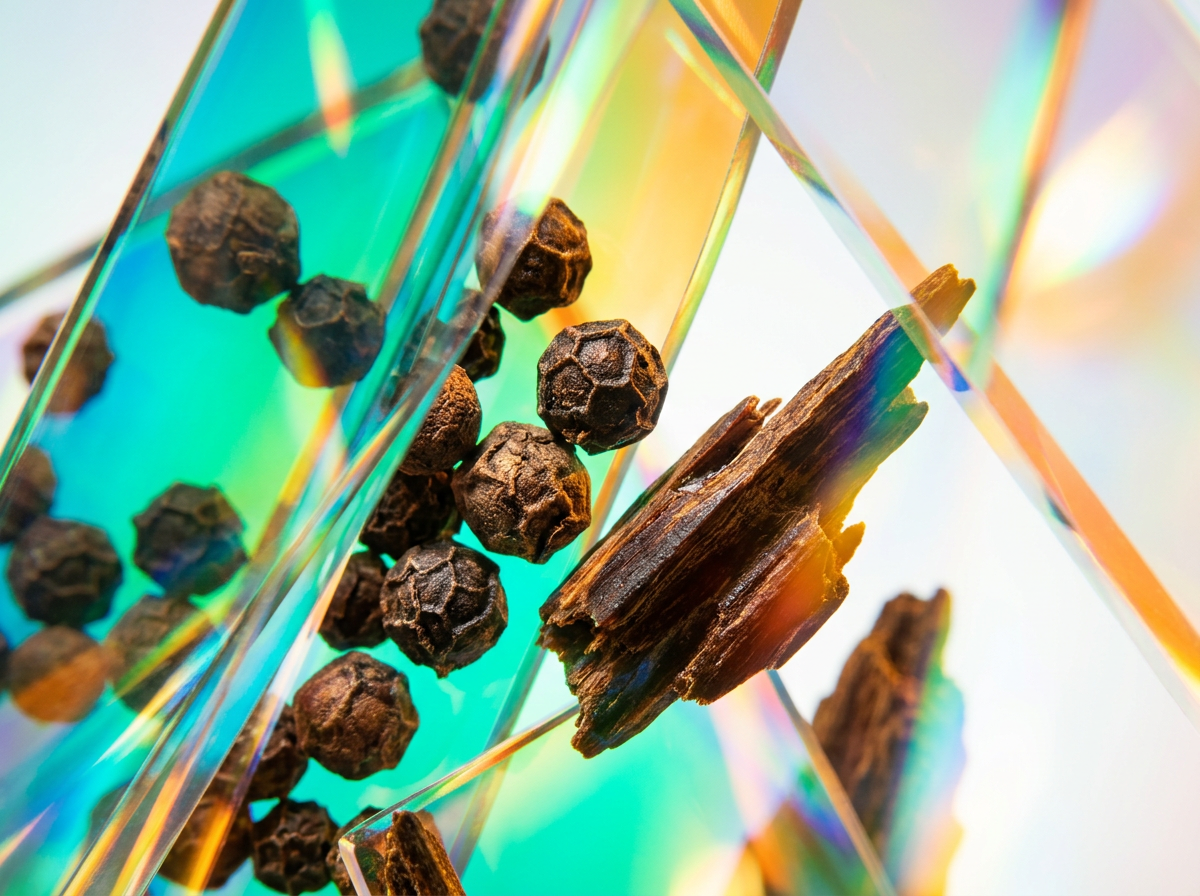 Artisanal fragrance ingredients including resins, vanilla pods, and citrus