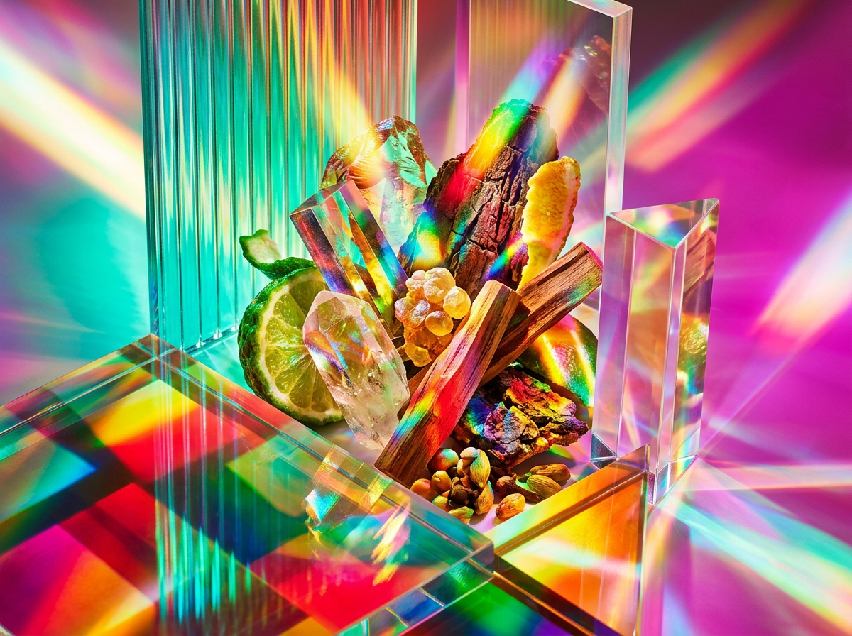 Mood-board showing cozy textures, rainy glass, and vibrant botanicals