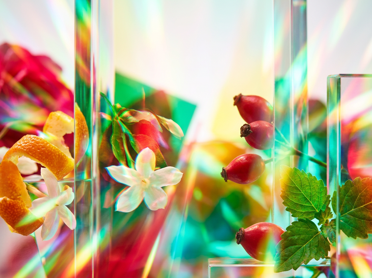 Artistic representation of fragrance notes like woods and berries