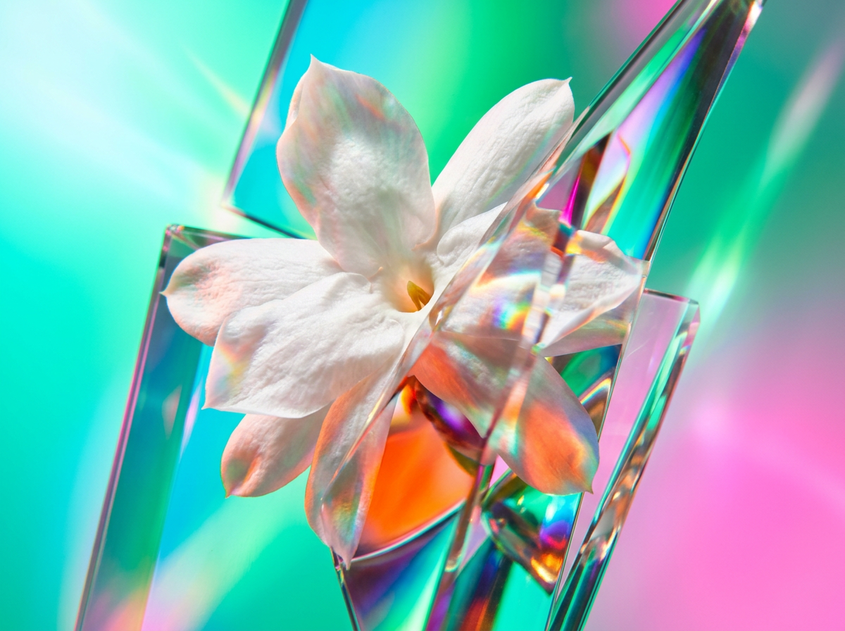 Glass perfume bottles catching the light in a refracted prism