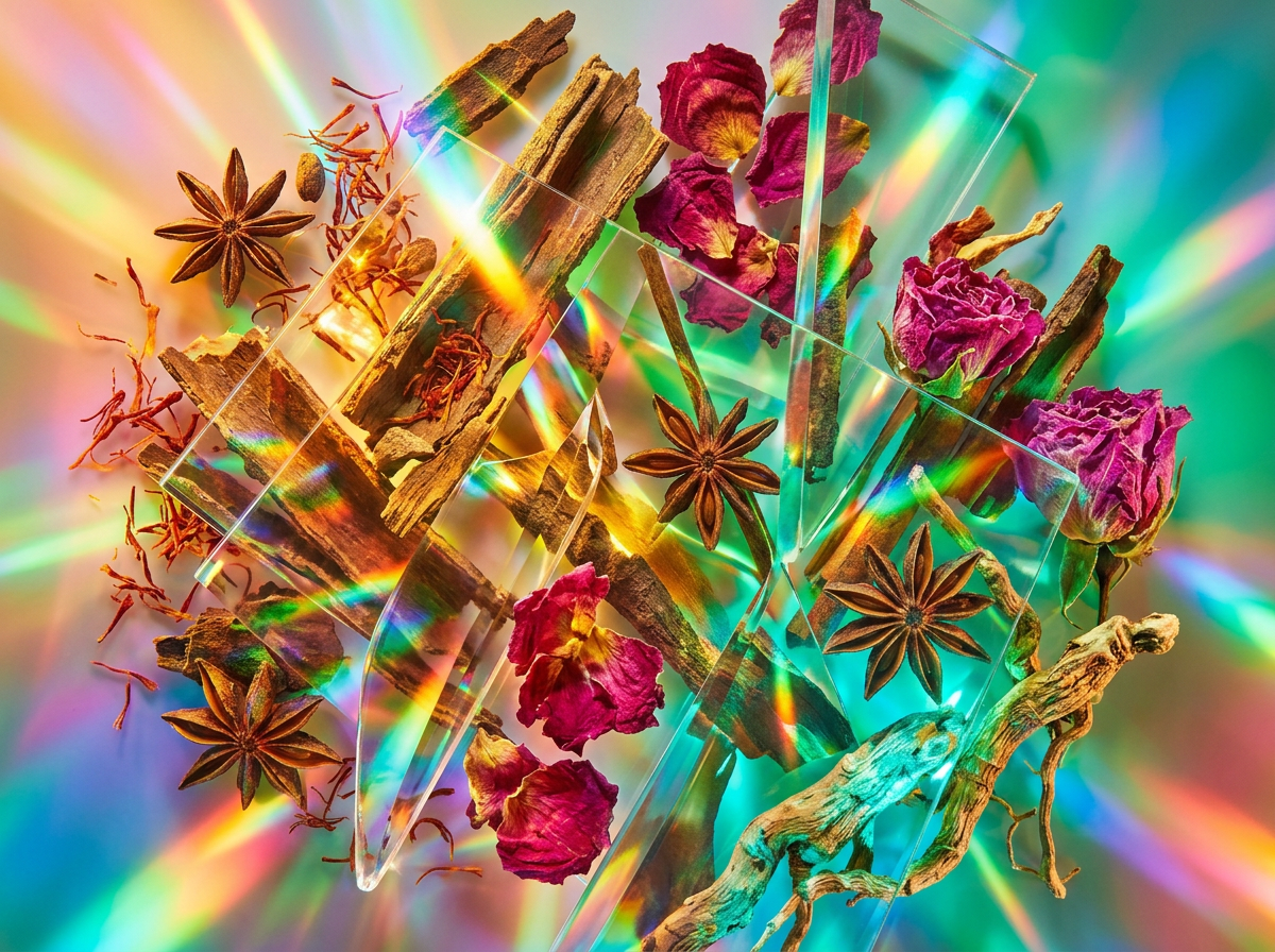 Artisanal perfume bottles on a wooden desk with botanical sketches