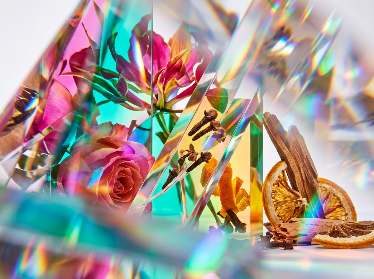 Artisanal fragrance ingredients including oud wood and citrus
