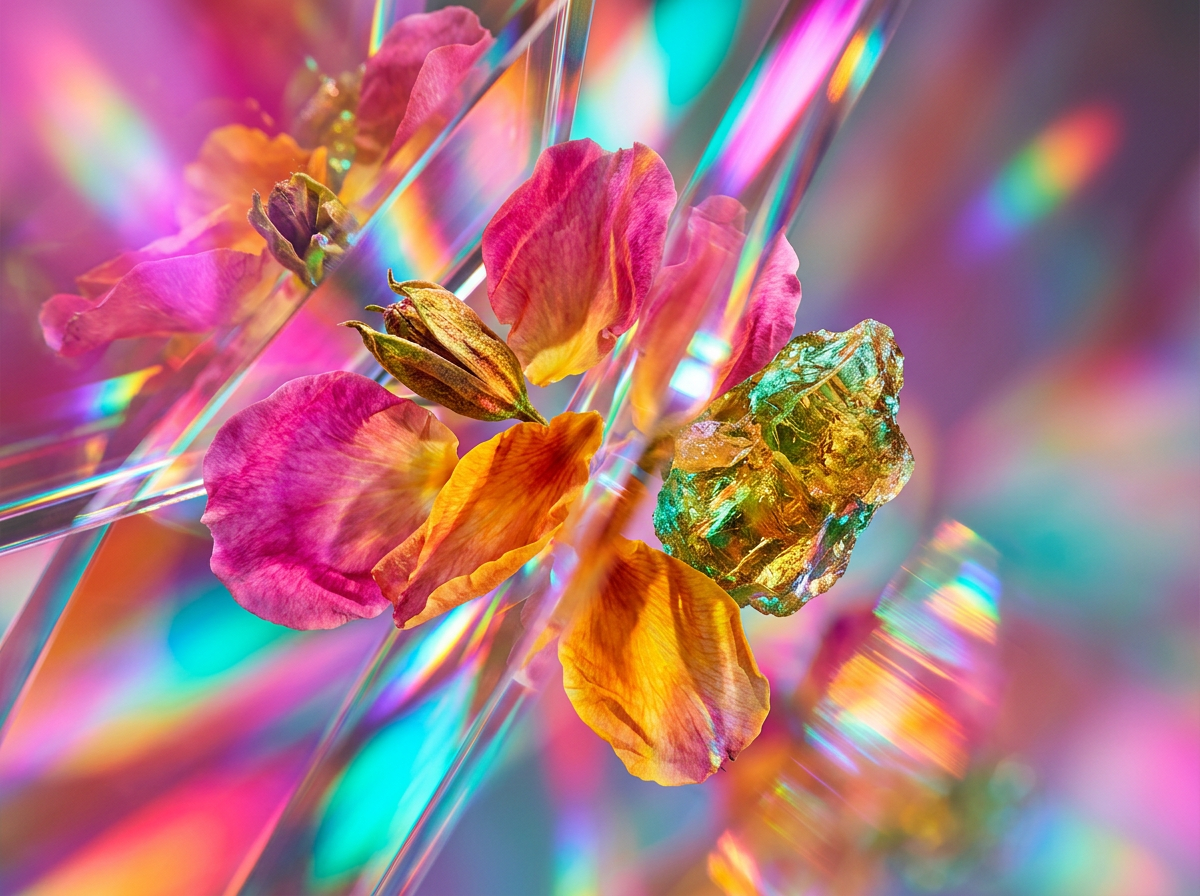 Fresh botanical ingredients and clear water droplets