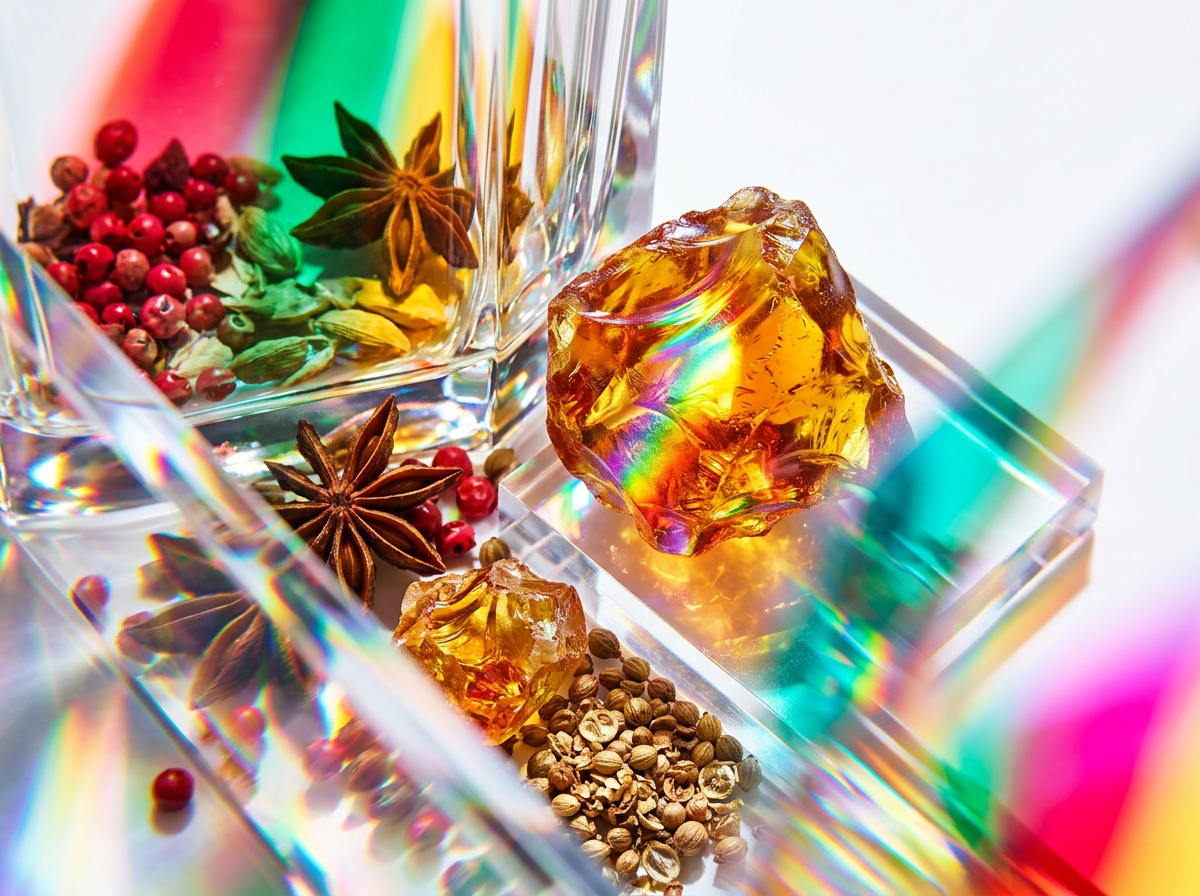 Artisanal fragrance ingredients including pomegranate and dark woods