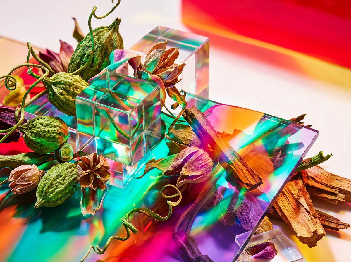 A bottle of perfume next to autumn leaves and a warm knitted sweater