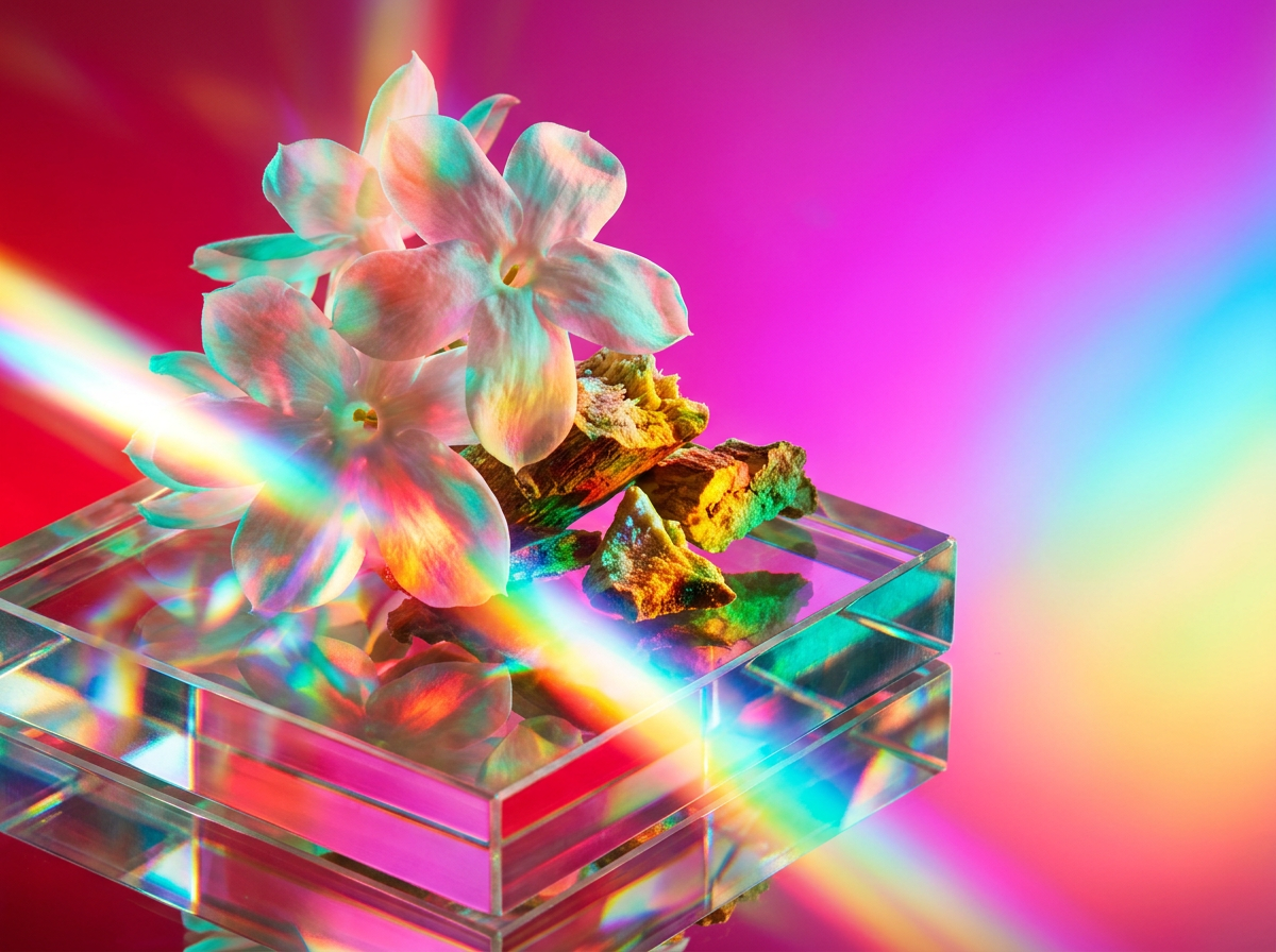Artisanal perfume bottles and dark ingredients like pomegranate and amber