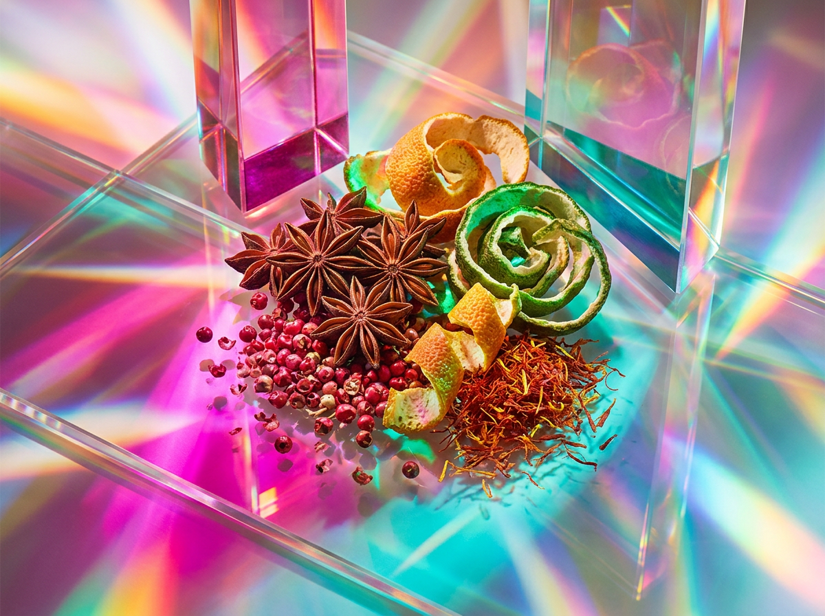 Close up of botanical ingredients used in dark perfumery including blackberries and wood